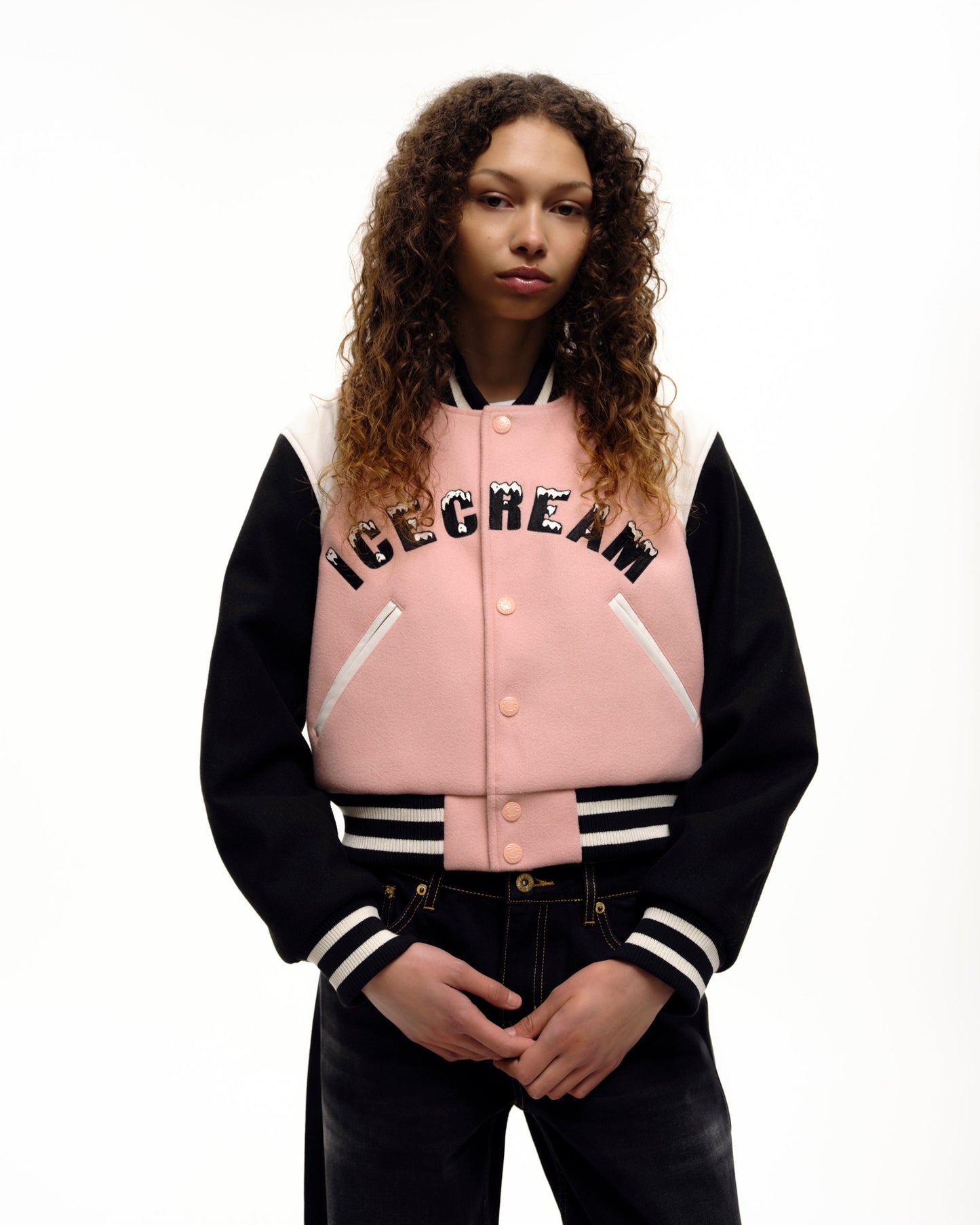 Womens Drippy Cropped Varsity Jacket