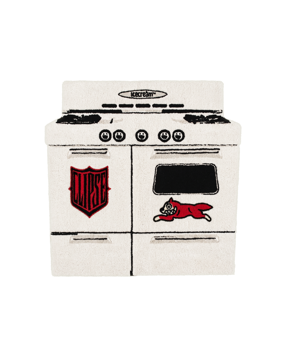 Icecream x Clipse Hell Hath No Fury White Stove Shaped Rug with Clipse Logo and Icecream Logo