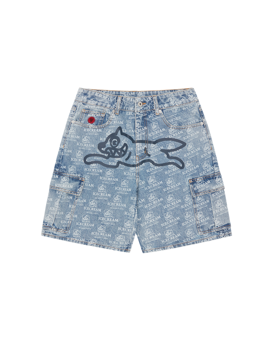 Repeat Print Denim Cargo Shorts