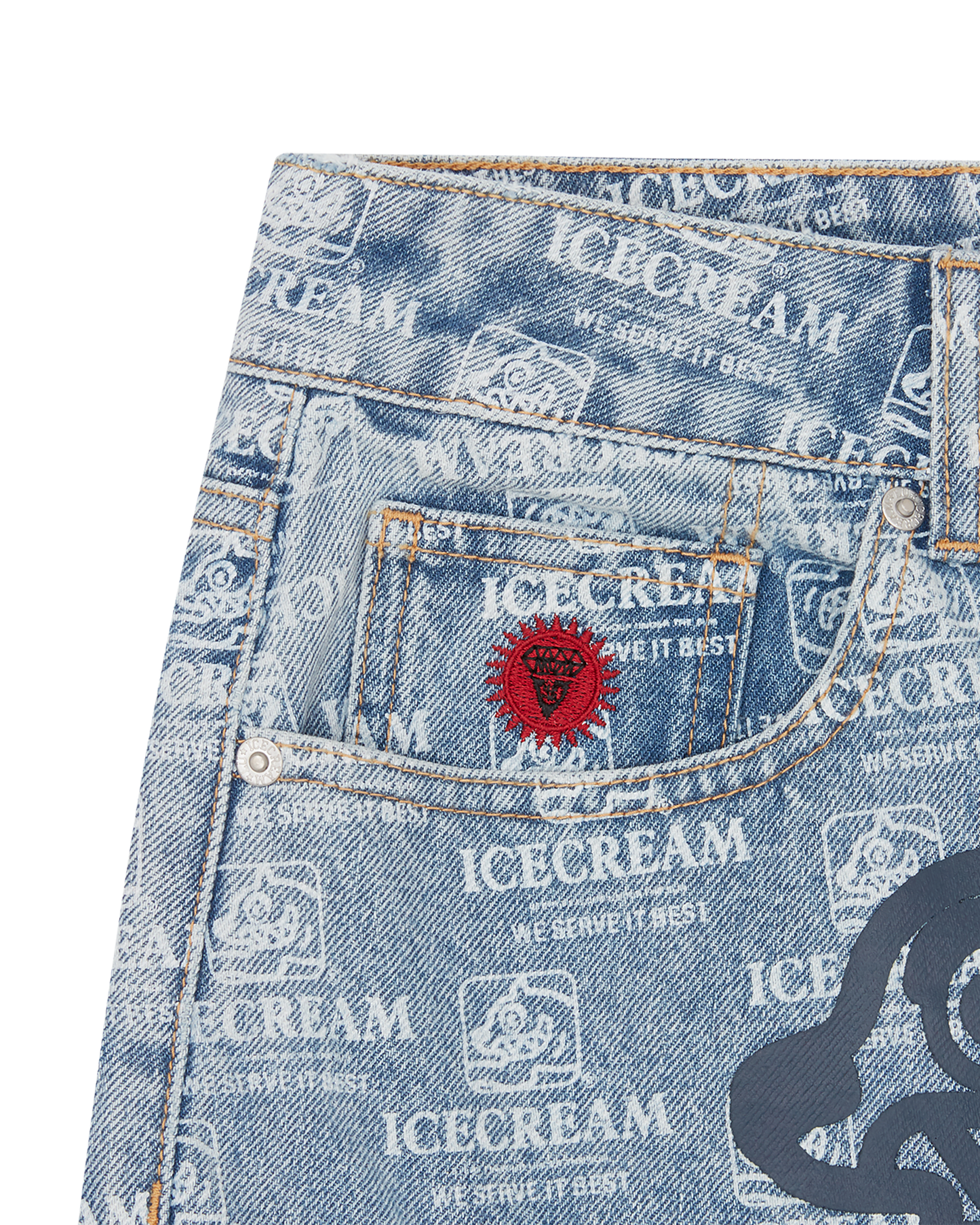 Repeat Print Denim Cargo Shorts