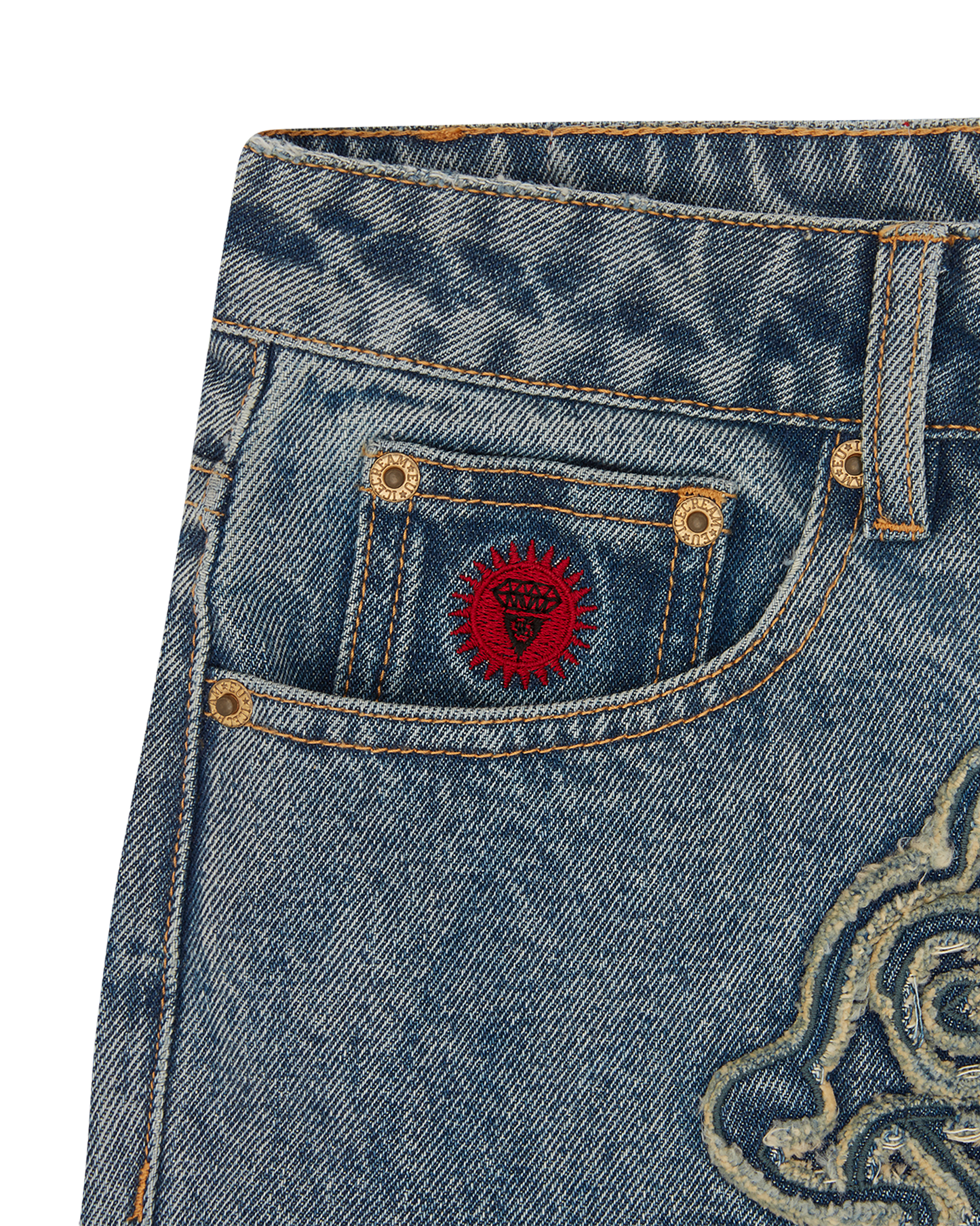 Womens Distressed Running Dog Denim Pants